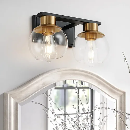 Vista 14 de Juego de 2 apliques de baño de latón cepillado, juego de dos apliques de pared dorados, lámpara de tocador de baño con pantalla de vidrio