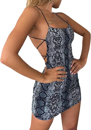 Vista 2 de xxxiticat Vestido corto sin mangas con estampado de piel de serpiente para mujer, con tirantes delgados, espalda halter, cruzado, piel de animal