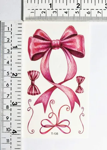 Vista 2 de Mini tatuajes, 2 hojas de cinta de lazo rosa, tatuajes de dibujos animados, impermeables, temporales, bonitas, tatuajes, moda, fantasía, diversión