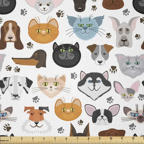 Vista 83 de Lunarable Tela de animales de The Yard, caras de gato y perro, mejores amigos, Bulldog Beagle, Labrador, Calico Kitty impresión, tela de satén