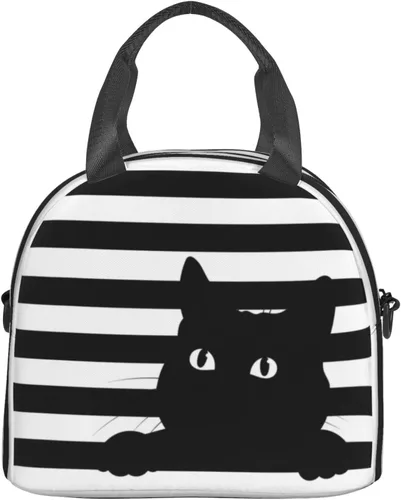 Vista 2 de Perinsto Bolsa de almuerzo a rayas blancas y negras con diseño de gatos, contenedor aislado reutilizable con correa de hombro ajustable, 9 x 5 x 7.8