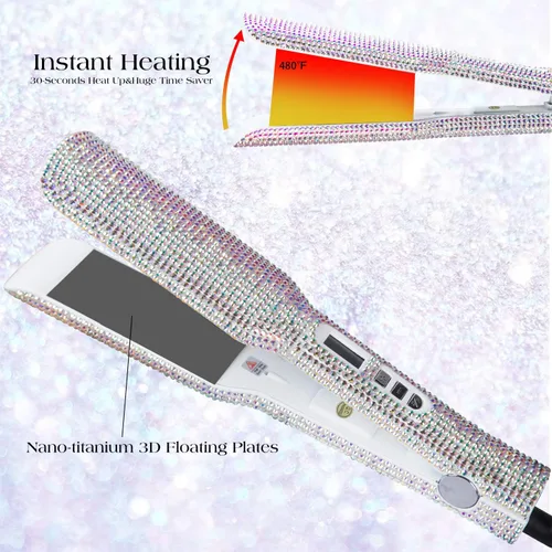 Vista 3 de DORISILK Crystal Diamond - Plancha de pelo de titanio, plancha plana de diamantes de imitación de 2 pulgadas, plancha alisadora de doble voltaje