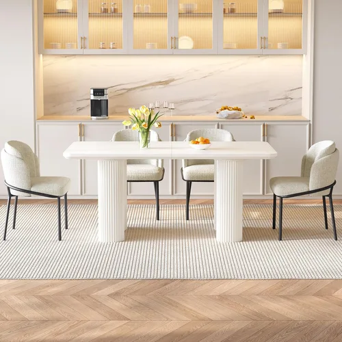 Vista 9 de Mesa de comedor rectangular moderna de 62.99 pulgadas para 4-6, mesa de cocina resistente para sala de estar y reuniones, fácil montaje, color Blanco