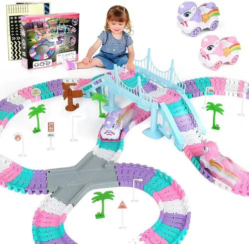 Vista 11 de 157 pistas de carreras de construcción para niños, juego de juguetes mágicos que brillan en la oscuridad con rampa de bucle de 360°, 1 auto