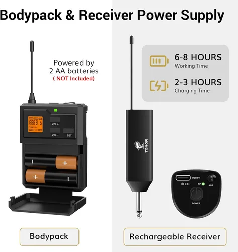 Vista 7 de TONOR Sistema de micrófono inalámbrico UHF con micrófono de auriculares/micrófono de solapa Lavalier, transmisor Bodypack, receptor recargable, 15