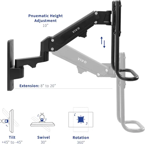 Vista 4 de VIVO Soporte de pared con brazo neumático de aluminio de alta calidad para 2 pantallas de hasta 27 pulgadas o 1 ultraancho de hasta 49 pulgadas