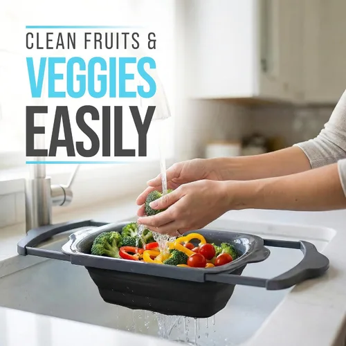Vista 5 de Comfify Colador sobre el fregadero con asas, elegante colador de cocina de plástico negro para pasta, verduras y frutas, diseño que ahorra espacio