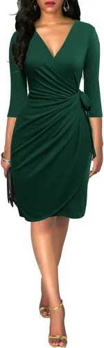 Vista 3 de Berydress - Vestido clásico para mujer con manga 34, cuello en V, cruzado simulado, informal, para fiestas y trabajo, negro