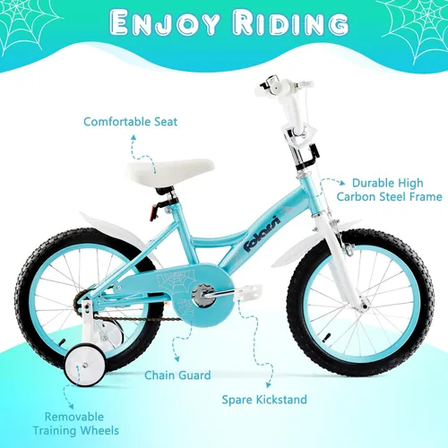 Vista 5 de Bicicleta para niños de 14, 16 y 18 pulgadas para niños y niñas de 3 a 9 años, bicicleta infantil con campana y ruedas de entrenamiento, múltiples