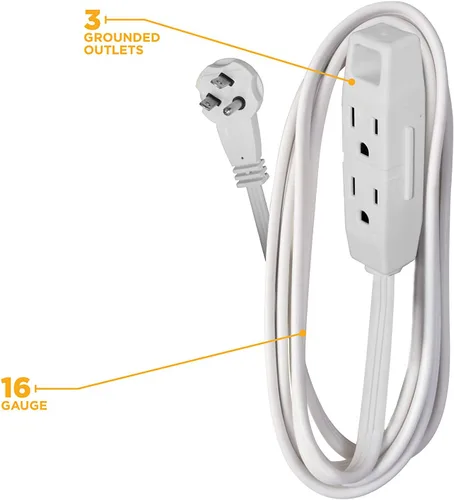 Vista 9 de 2 paquetes. Cable de extensión de enchufe plano blanco de 6 pies, 16/3 conectado a tierra con toma Trinector de 3 salidas, 35178801