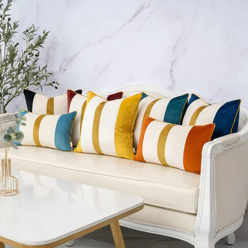 Vista 6 de Funda de Almohada Decorativa de Retazos Azul Marino de Terciopelo a Rayas Funda de Cojín Moderna Neutra para Sofá Sillón Dormitorio Sala de Estar
