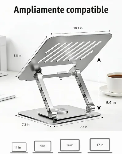 Vista 4 de Soporte ajustable para computadora con base giratoria de 360°, elevador ergonómico plegable para computadora portátil para escritorio compatible