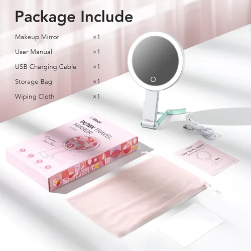 Vista 7 de LitBear Espejo de maquillaje de viaje con luz, espejo de aumento recargable de doble cara 10X/1X, espejo de belleza iluminado portátil, iluminación