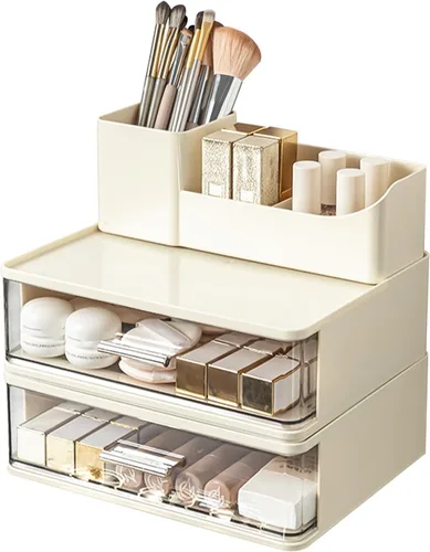 Vista 8 de DASITON Organizador de maquillaje para tocador con 2 cajones, organizador de cosméticos apilable con soporte para brochas de maquillaje, organizador