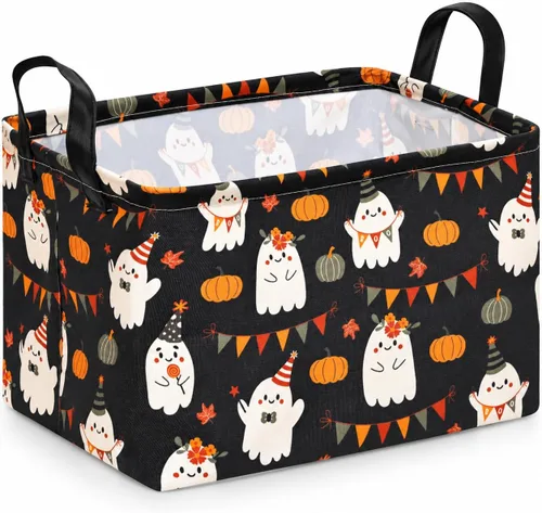 Vista 16 de Cesta de almacenamiento de Halloween, diseño de tela plegable con diseño de araña, murciélago y calabaza, con asas de cuero, organizador de estante