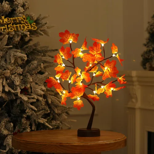Vista 3 de Árbol de arce artificial iluminado de otoño, 24 luces LED, decoraciones de Acción de Gracias, funciona con batería/USB, árbol pequeño preiluminado