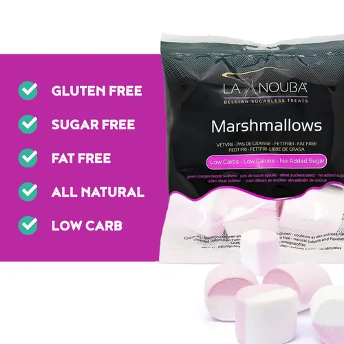 Vista 3 de Malvaviscos sin azúcar de La Nouba – Paquete de 2.7 oz. – Snack bajo en calorías, bajo en carbohidratos, sin grasa y sin gluten – Sabor delicioso