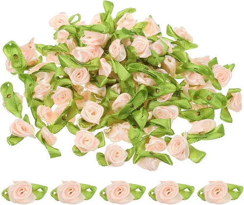 Vista 8 de PATIKIL Mini rosas de cinta, 100 unidades, pequeñas flores de tela de satén con adornos de hojas verdes, rosetas para manualidades, costura, boda