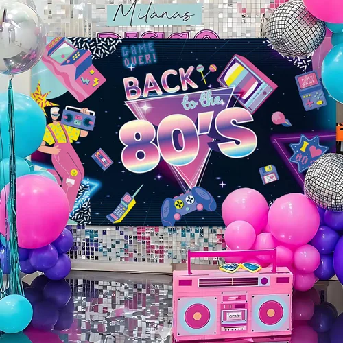 Vista 6 de Pancarta de fondo de fiesta temática de los años 80 de 6 x 3.6 pies, diseño retro de videojuegos, decoración de fiesta de cumpleaños de los años 80