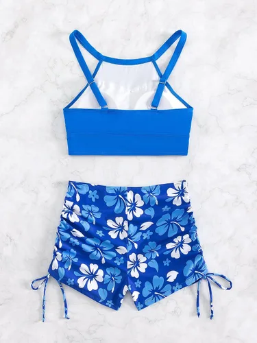 Vista 2 de OYOANGLE Traje de baño de 2 piezas con estampado tropical cruzado y cordón para mujer