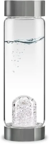 Vista 14 de VitaJuwel ViA AMERICAN DREAM Botella de agua de cristal con oro de 24k · Jaspe rojo · Ópalo blanco · Lapislázuli azul · Cuarzo transparente
