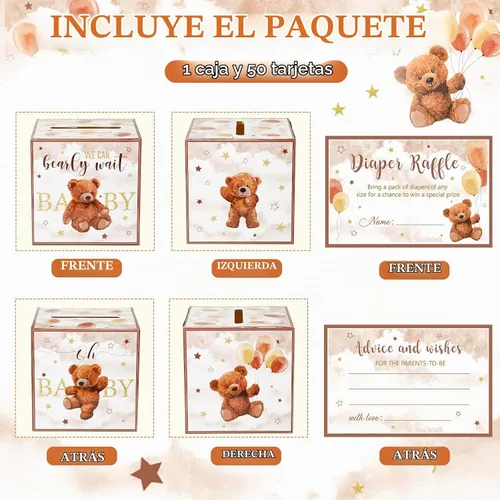 Vista 3 de Fumete 51 piezas Caja de tarjetas de rifa de pañales con osos con tarjetas de rifa de pañales insertadas, No podemos esperar, para baby shower