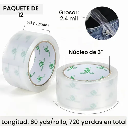 Vista 2 de BOMEI PACK 12 rollos de cinta de embalaje transparente con dispensador gratis, cinta de repuesto resistente para envío y embalaje, 2.4 mil 1.88