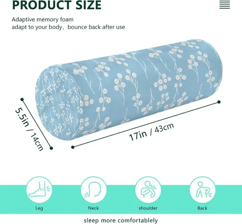 Vista 3 de Cervical Neck Roll, Blue White Flowers Round Pillow Washable Memory Foam Pillow, Bolster Pillow for Improved Sleeping, Travel, Home