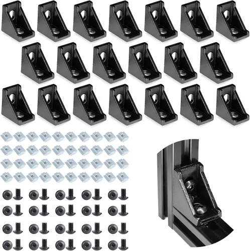 Vista 13 de Juego de 20 conectores de perfil de extrusión de aluminio de la serie 2020, 20 soportes de esquina, con 40 tuercas en T y tornillo hexagonal M5×8