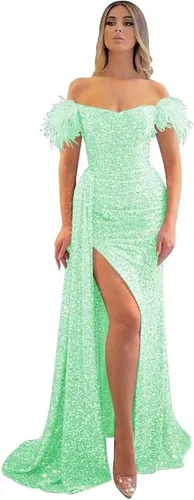 Vista 16 de Vestidos de fiesta de lentejuelas con hombros descubiertos, vestido formal de sirena brillante, vestido largo de fiesta de noche con abertura