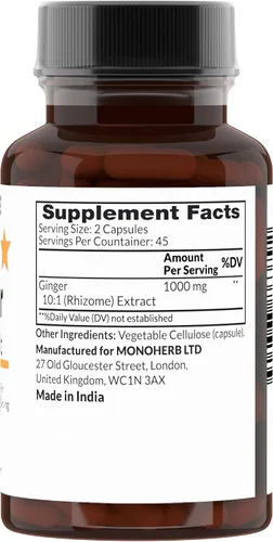 Vista 2 de MONOHERB Extracto de jengibre 10:1 - 1000 mg por porción - Tamaño de la porción: 2 cápsulas - 45 porciones por botella