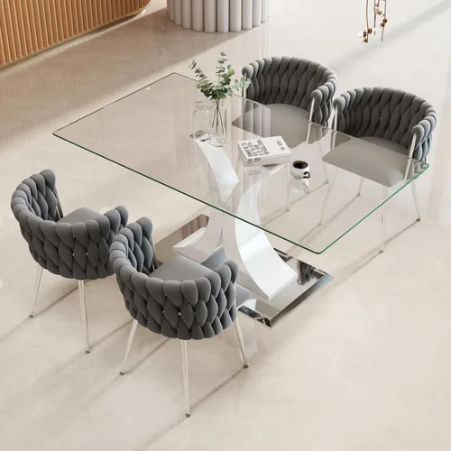 Vista 14 de Juego de comedor moderno de vidrio de lujo de 5 piezas, juego de cena rectangular minimalista grande para 4, juego de mesa de cocina de vidrio