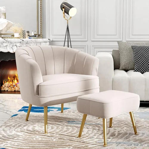Vista 3 de Andeworld Silla decorativa de terciopelo con otomana, sillón de barril Beige