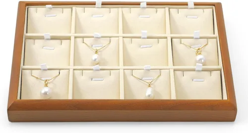 Vista 13 de Oirlv Bandeja Organizadora de Joyas Colgante de Madera Maciza de 12 Rejillas con Forro para Cajón de Joyas (Gris)