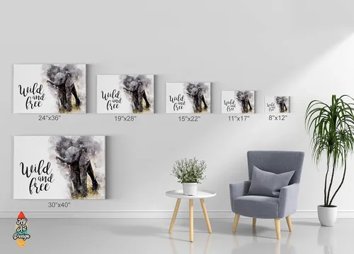 Vista 5 de Lienzo impreso con texto en inglés «Cute Baby Elephant» Wild and Free Quote - Pintura de acuarela con fondo blanco, arte de pared de animales