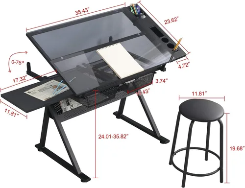 Vista 2 de Mesa de dibujo de dibujo de dibujo de altura ajustable, mesa de arte, manualidades, escritorio, mesa de vidrio inclinable, mesa de trabajo, mesa
