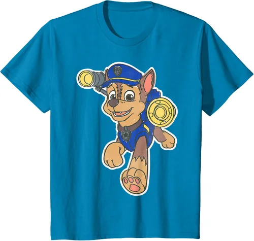 Vista 90 de Paw Patrol Chase Character Patch - Camiseta negra de manga corta con cuello redondo y ajuste clásico, talla S Negro
