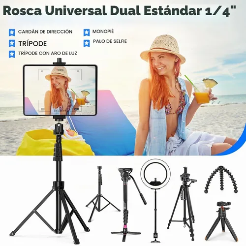 Vista 5 de Adaptador de montaje de trípode para iPad con cabeza esférica, soporte universal de abrazadera giratoria 360 con control remoto Bluetooth para iPad