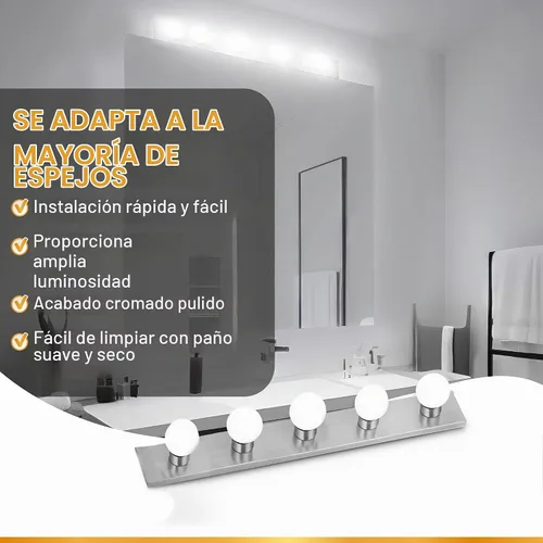 Vista 7 de Lighting Five Light Vanity Strip - Lámpara de espejo estilo Hollywood con placas cromadas, accesorios de grado de salón para dormitorio, baño Cromo