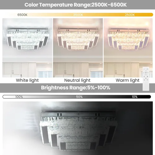 Vista 3 de Finktonglan Accesorio de Lámpara de Techo LED de Cristal Cuadrada Moderna, Candelabro de Cristal Regulable de 15" Luces de Techo de 3 Niveles