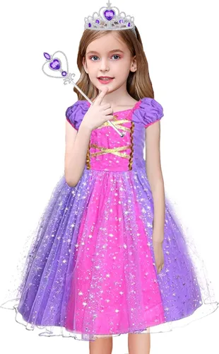 Vista 3 de Acecharming Rapunzel Princess Dress Girls Cosplay Costume Kids Floral Puffy Dresses for Summer Pageant Fancy Dress Up Party