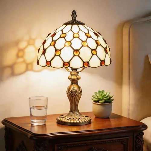Vista 10 de Lámpara de mesa pequeña estilo Tiffany, lámpara de vidrio teñido antiguo de 5 pulgadas, lámpara de mesa de noche para escritorio, para dormitorio