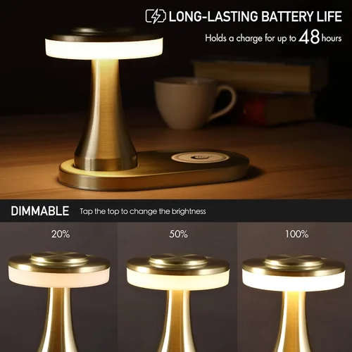 Vista 4 de O'Bright - Lámpara de mesa LED portátil con almohadilla de carga inalámbrica, lámpara de noche regulable y recargable, luz ambiental para Oro