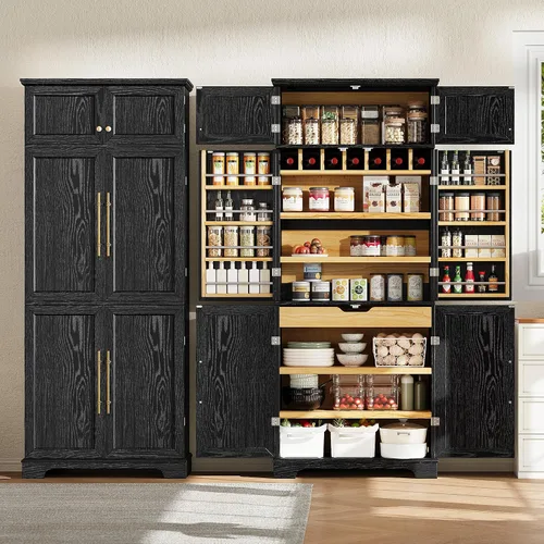 Vista 3 de 78.2" Tall Farmhouse Kitchen Pantry Cabinet with 8 Door Shelves, Storage Cabinet with 4 Adjustable Shelves, Hidden Drawer, Wine Rack, Versatile Ash