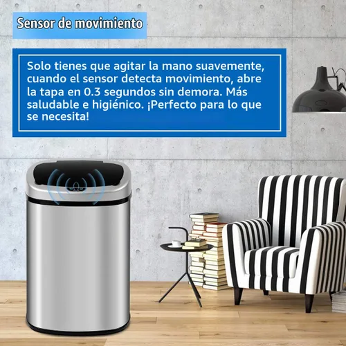 Vista 3 de HGS Basurero de cocina de 13 galones, de acero inoxidable con tapa, sensor automático, sin tacto, de gran capacidad, para el hogar, baño, oficina