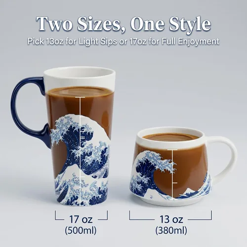 Vista 4 de Taza de cerámica de viaje de Voltugar con tapa y asa para el hogar y la oficina, taza de té alta de porcelana con diseño de olas y caja
