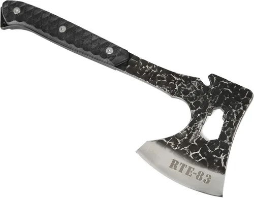Vista 3 de ROUTE83 - Cuchillos martillados a mano con hacha táctica de hacha Tomahawk chapada en titanio con funda Kydex