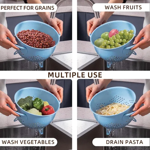 Vista 6 de Colador de metal de 5 cuartos de galón con recubrimiento en polvo, colador de metal autodrenante con base, cesta de frutas y verduras con asas