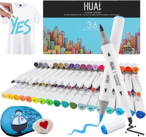 Vista 9 de HUAL Bolígrafos de pintura acrílica de doble punta, 24 colores finos y marcadores de punta de pincel para artistas profesionales, manualidades