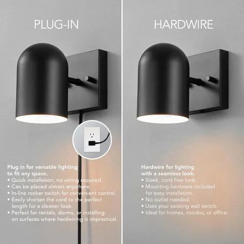 Vista 7 de Globe Electric 65000098 Lámpara de pared de 1 luz enchufable o cableada, negro mate, cable de tela trenzada de 1.8 metros, interruptor basculante